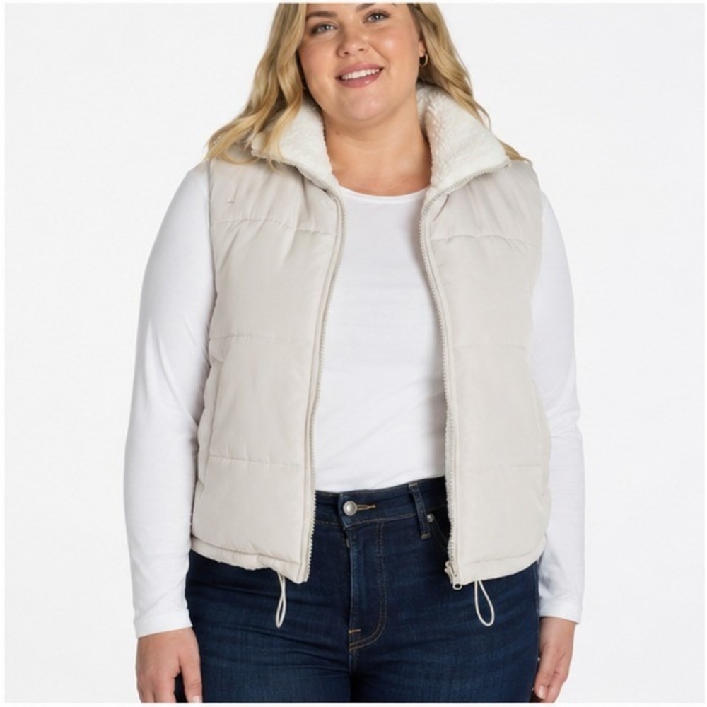 No Boundaries Womens Reversible Puffer Sherpa Vest Size XL Stone Tile Zip Pocket